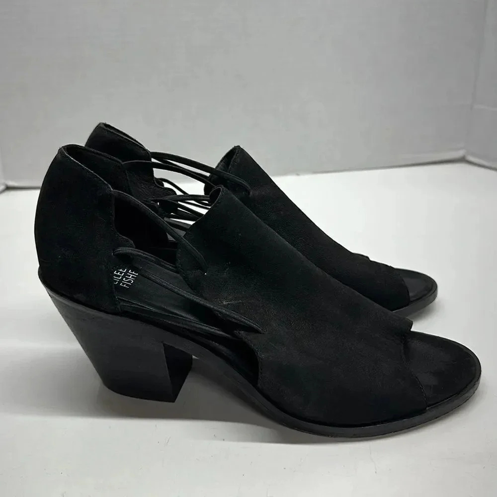Eileen Fisher Shoes Suede Leather Heels Open Toe Block Heeled Black Size 9.5